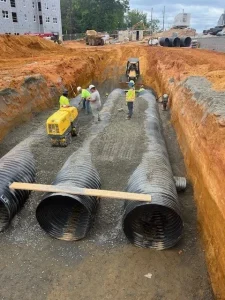 Installation and backfill operations polymer coated stormwater detention
